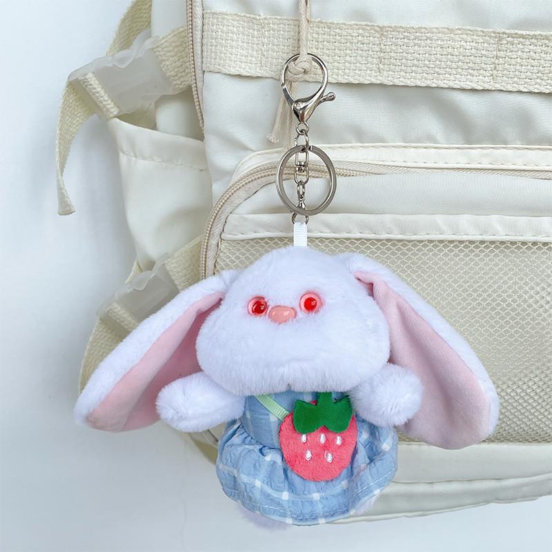 Adorable Long-eared Bunny Plush Doll Keychain With Cute Strawberry Dress 12cm