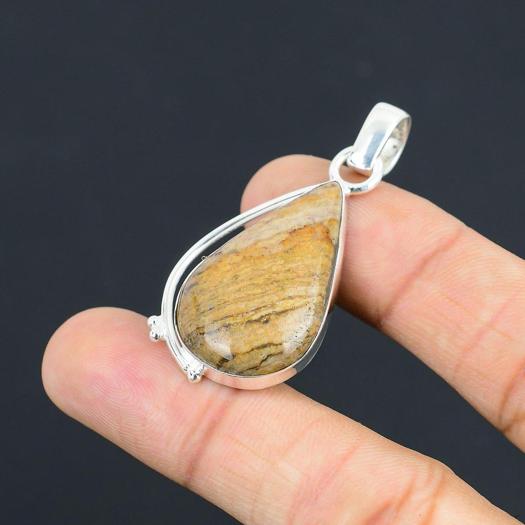 Pear Picture Jasper Gemstone Unique Daughter Anniversary Pendant Sterling Silver