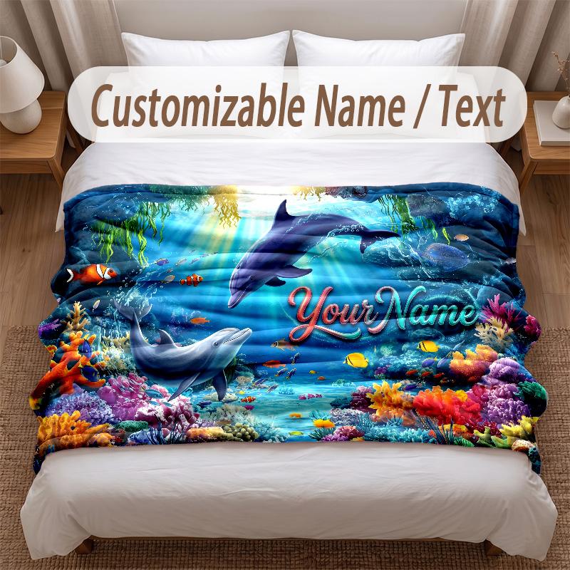 Fish Ocean Theme Soft Blanket Personalized Custom Name Text Print Warm Blanket Home Sofa Bedroom Decor