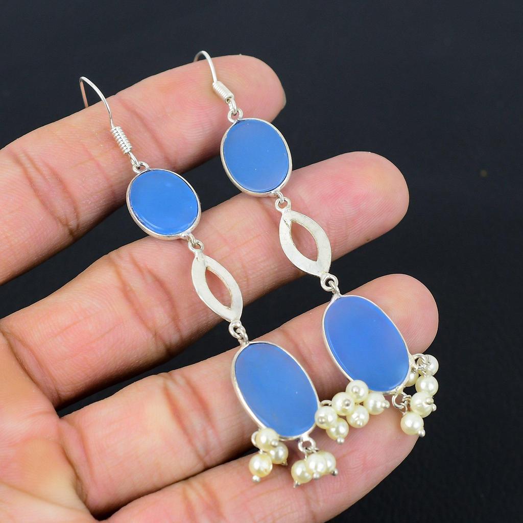 Blue Chalcedony Gemstone Sterling Silver Engagement Dangle Drop Wedding Earrings
