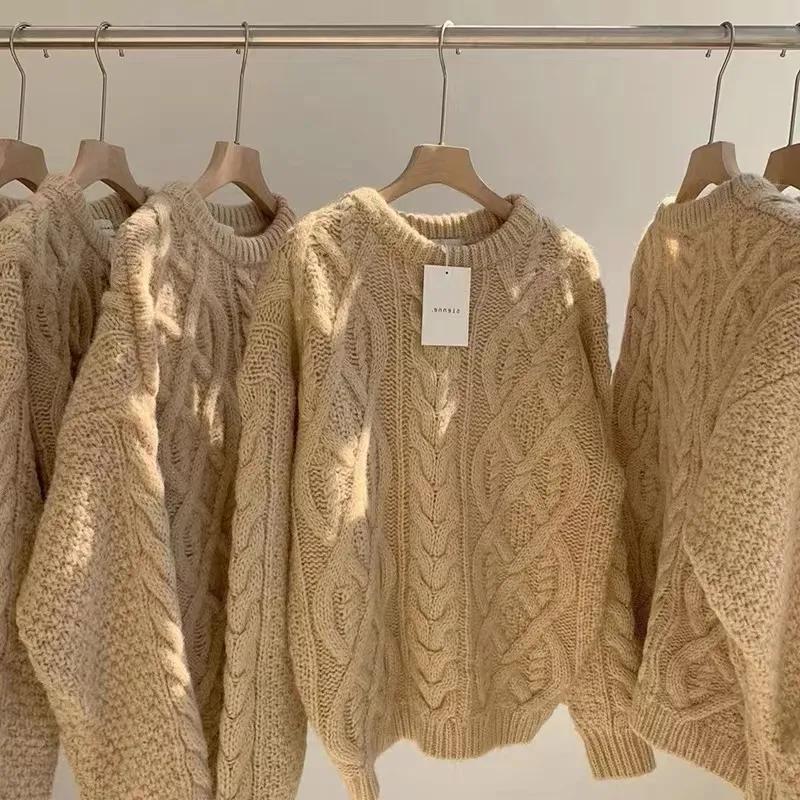 Women's Loose-fitting Autumn and Winter Cable Knit Sweater Winter Lazy Style Thickened Knitted Pullover Top