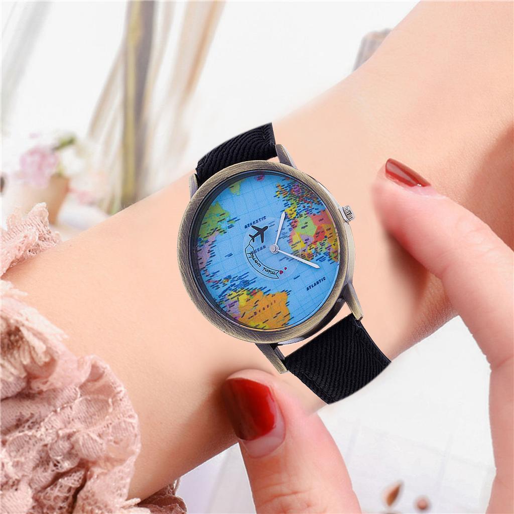 Fashion Retro Belt Quartz Watch Airplane Second Hand Map Watch Unisex