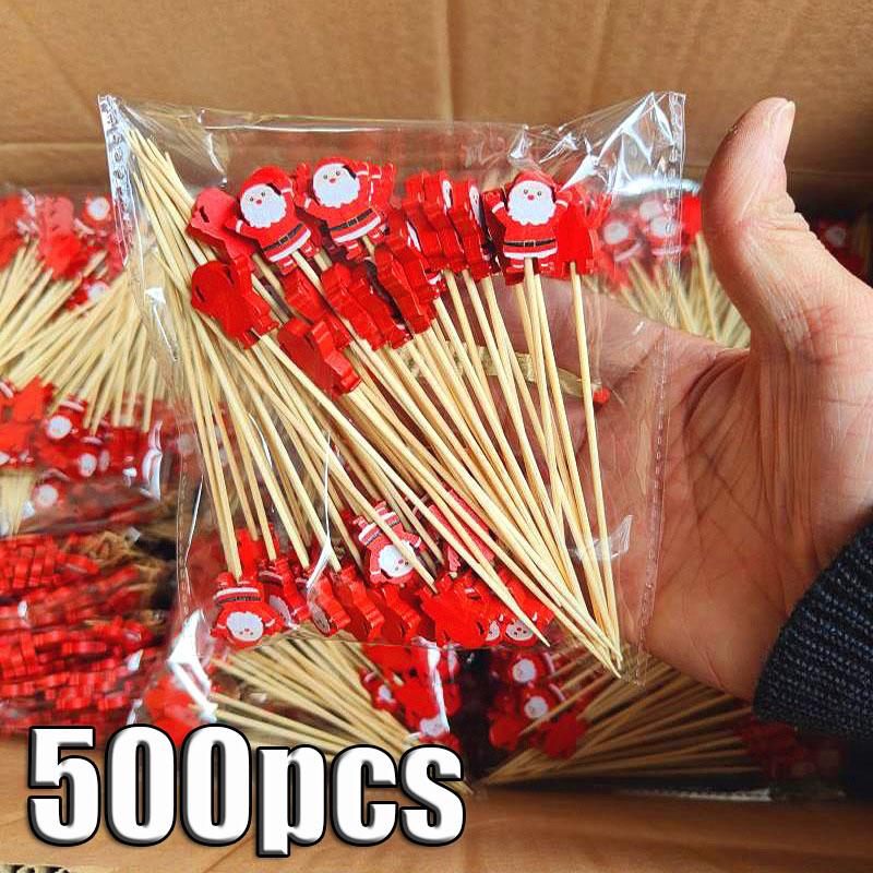 50Pcs/set Christmas Fruit Sticks Disposable Bamboo Sticks Snowflake Christmas Tree Elk Santa Claus Snowman Sticks Xmas Ornaments
