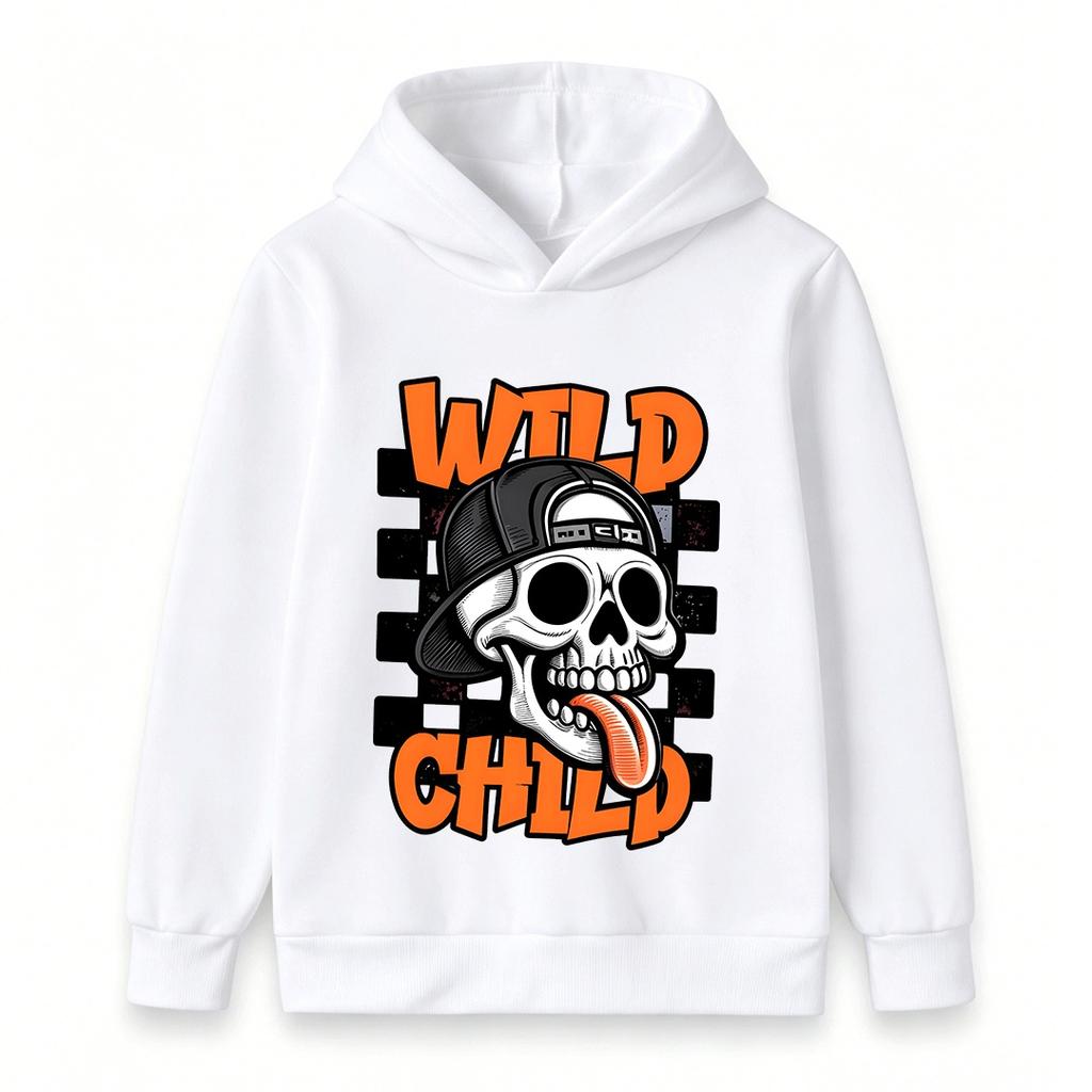Kids Boys Girls Hoodie, Wild Child Skull Pattern Long Sleeve Casual Pullover Sweatshirt for Daily Wear