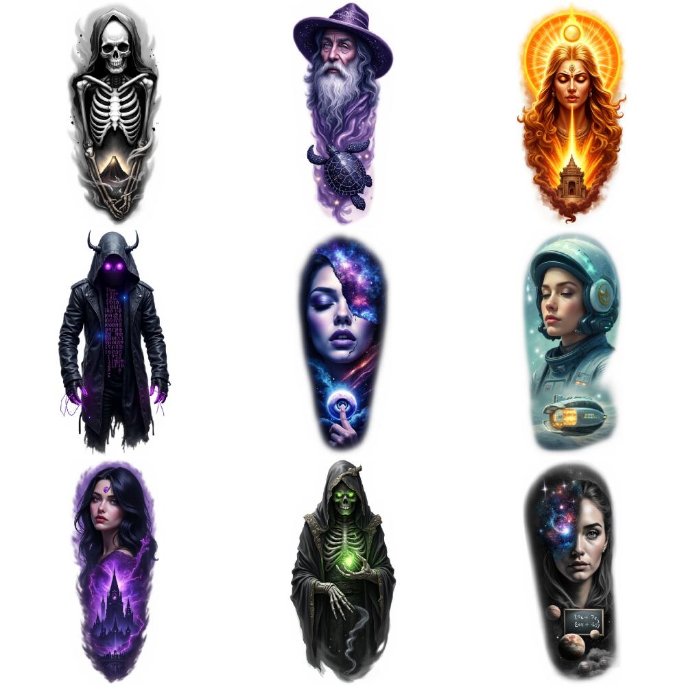9pcs Temporary Tattoo Waterproof Long-lasting Body Stickers Dark Angel Wisdom Wizard Pegasus For Shoulders Thighs Male