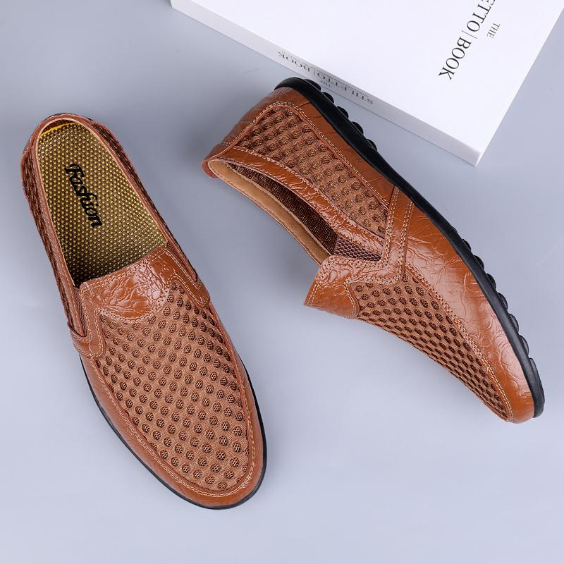 

New summer men s casual shoes breathable mesh fashionable loafers outdoor anti slip sports shoes lightweight walking shoes 46 коричневый
