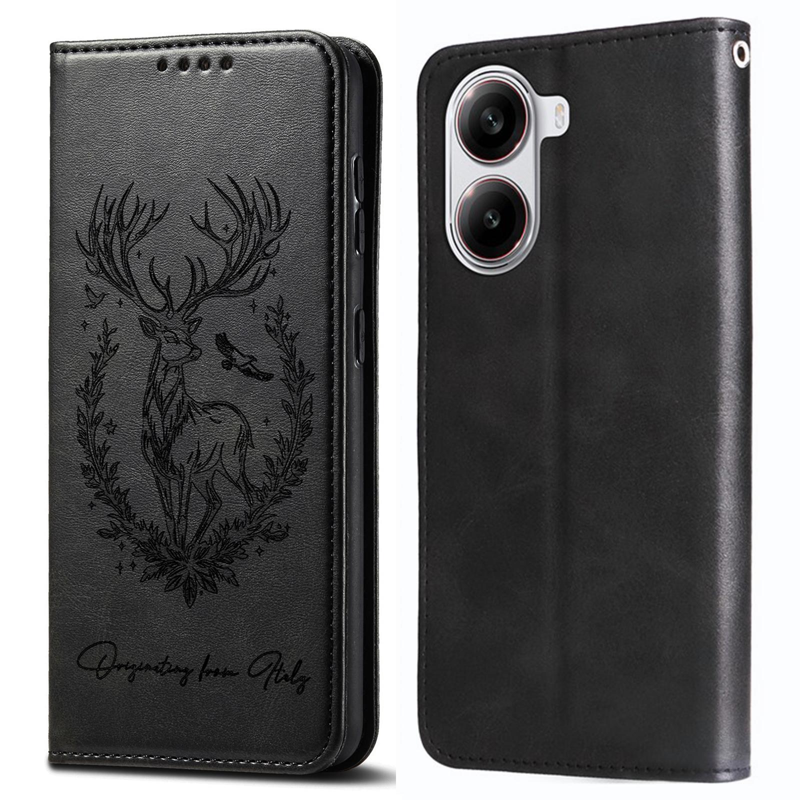 

For Xiaomi Redmi Turbo 4 5G/Poco X7 Pro 5G Stand Case Lucky Deer Imprinted Magnetic Closure Leather Wallet Phone Cover Black