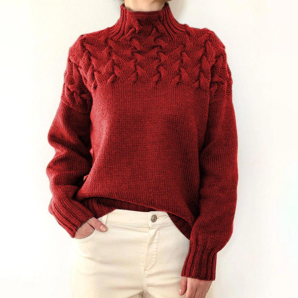 Damen Pullover mit Zopfmuster, hohem Kragen und langen Ärmeln