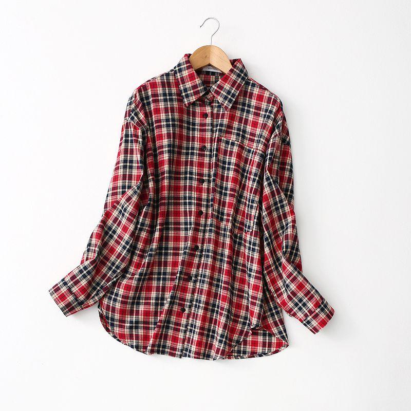 

Cabinet List! Brushed Pure Cotton Gingham Shirt Female Retro Hong Kong Style Loose BF Shirt Coat Spring & Fall Bandage Dress Tops Red Gingham Free size