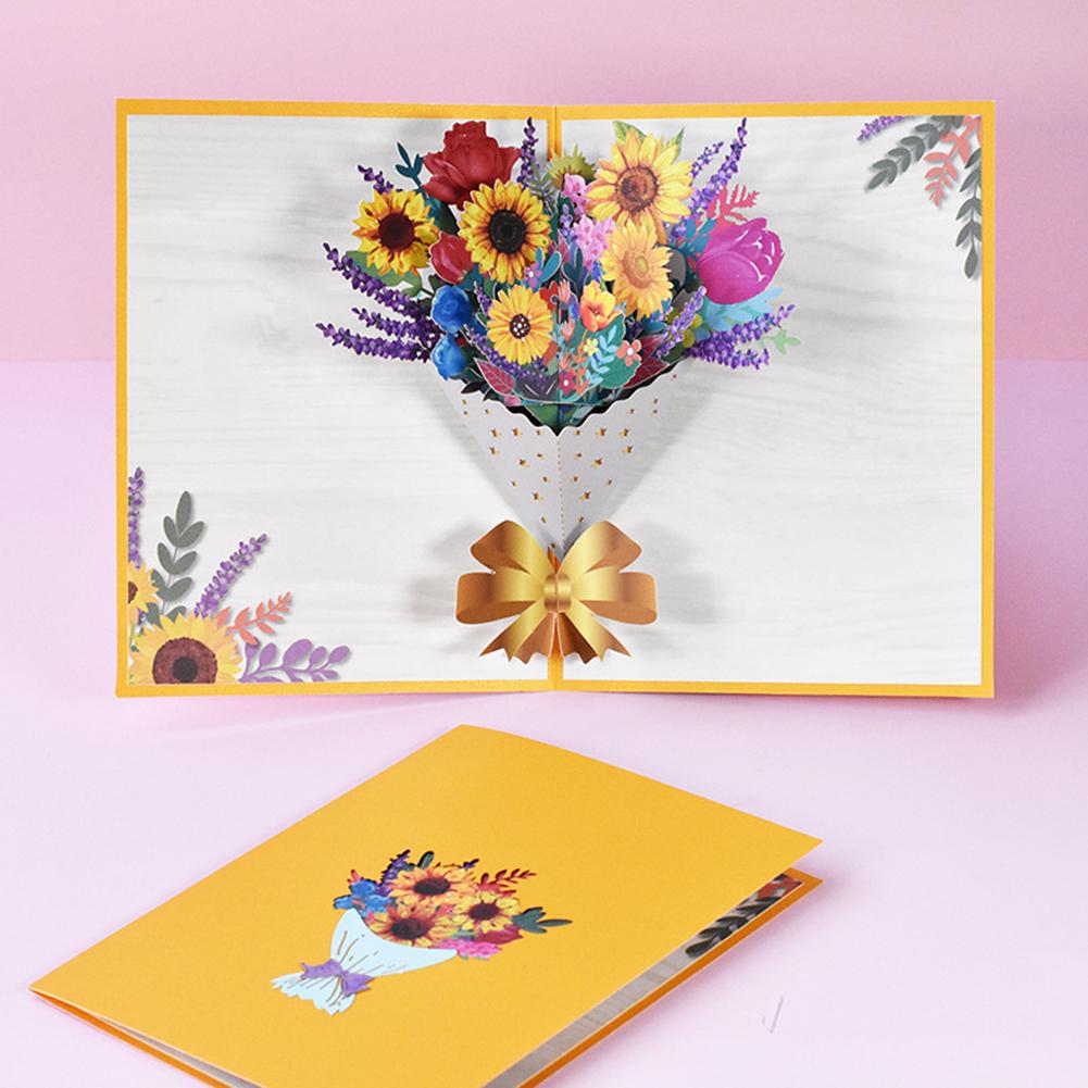 3d Pop-up Greeting Cards Handmade Thanksgiving Birthday Mothers Day Floral Bouquet Cards yellow sunflower#0
