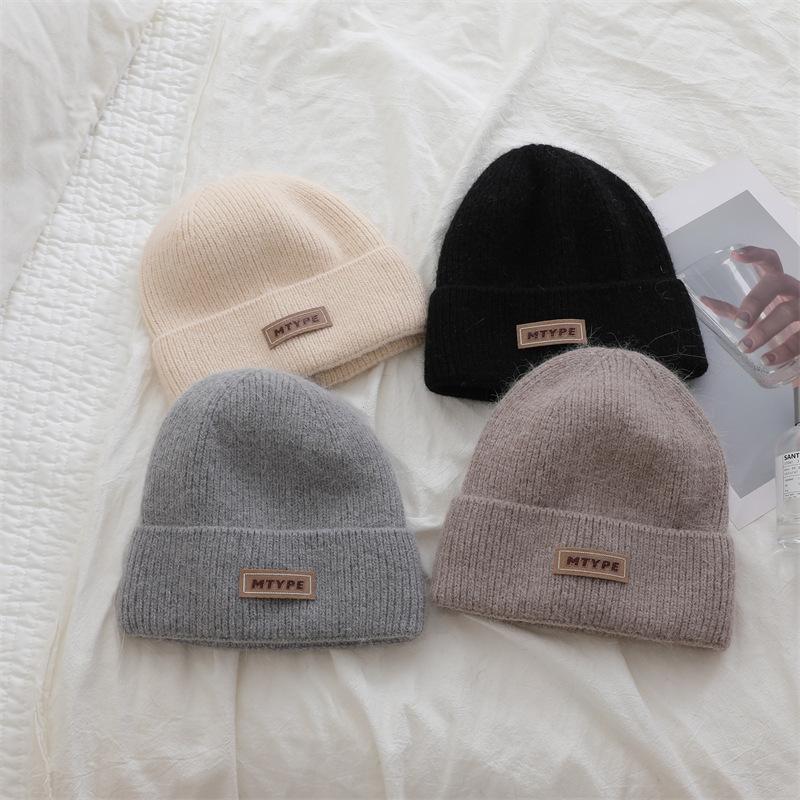 Korean Style Rabbit Fur Knitted Label Hat for Autumn and Winter Thickened To Show Face  Small Ear Protection Couple's All Match Pullover Hat