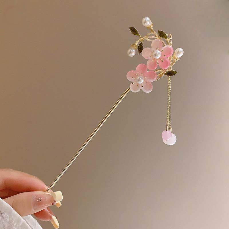 Vintage Chinese Style Pink Flower Hair Sticks For Women Elegant Crystal Tassel Hairpins Hair Buns Hanfu Headwear  Hair Ornaments