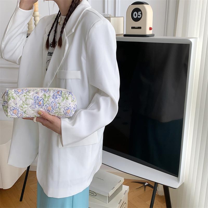 Trendy Flower Patterned Cotton Makeup Bag Stationery Pouch Large Capacity Brush Storage Pen Case