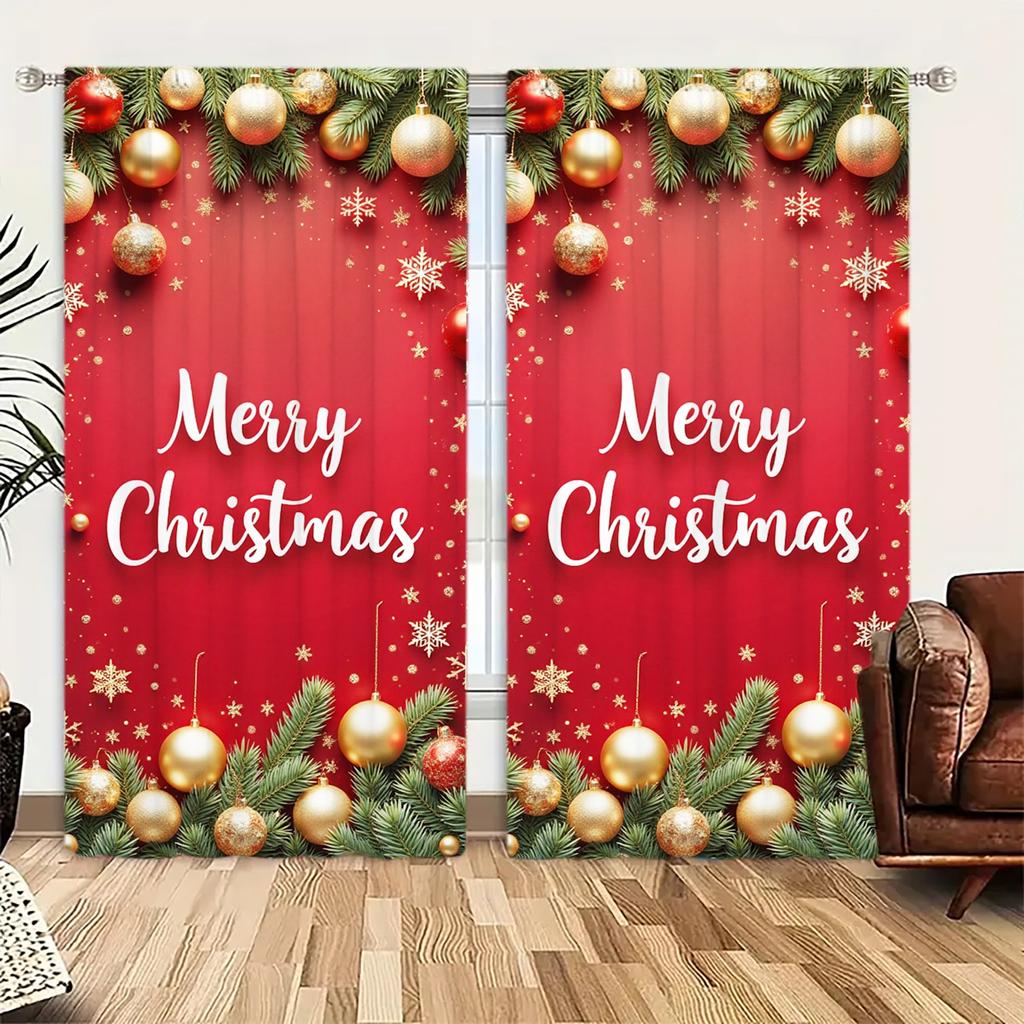 2pcs Merry Christmas Printed Curtain for Christmas Home Decor - Rod Pocket Window Treatment for Bedroom,Office,Kitchen