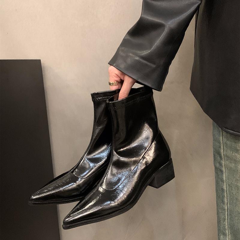 Streetstyle Damen Stiefeletten Mode Spitzschuh Kurze Stiefeletten Damen Quadratische Absätze Party Pumps Schuhe