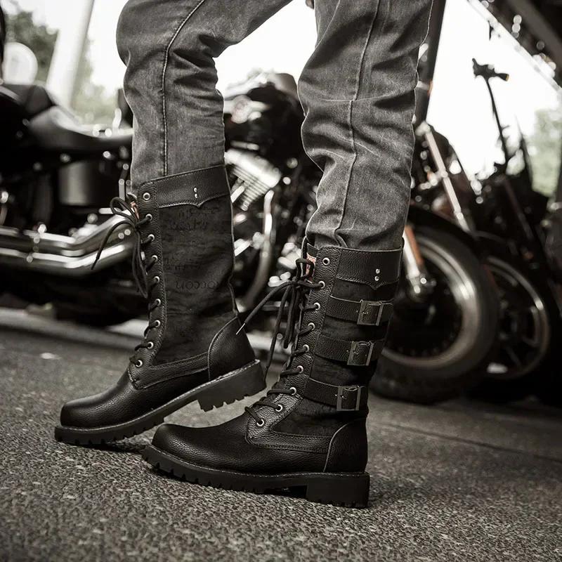 Luxury Mid-Carf Men Boots Lleather Motorcycle Boots Fashion Lace Up Men's Boots British Male Cycling Boot Quality Botas Hombre