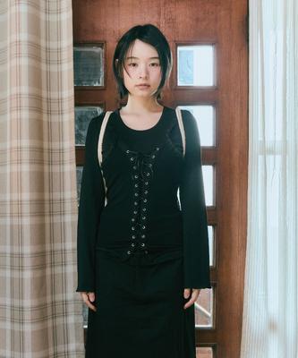 Guwolsibil Ethnic Shirring Lace T-Shirt Black