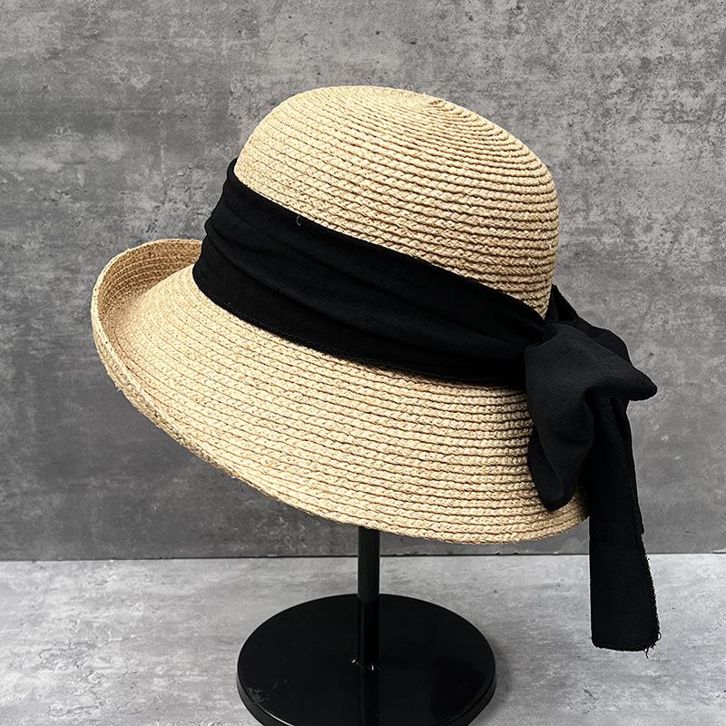 Lafite Bucket Hat Women'S Summer Hepburn Style Straw Hat Curled Brim Big Brim Bow Streamer Basin Hat Travel Visor