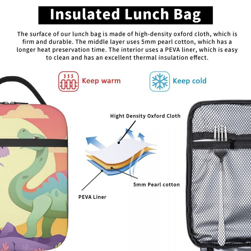 Cartoon Cute Dinosaur Couple Watching Sunset Insulated Lunch Bag for Women Children Portable Food Boxes Thermal Lunch Box Tote
