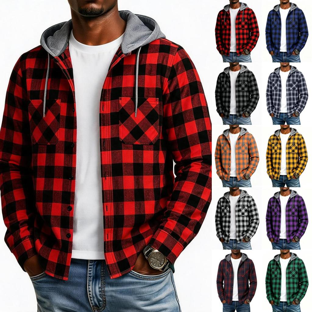 Men's Plaid Flannel Hoodie Fashion Casual Long Sleeve Pullover Sweatshirt with Hood