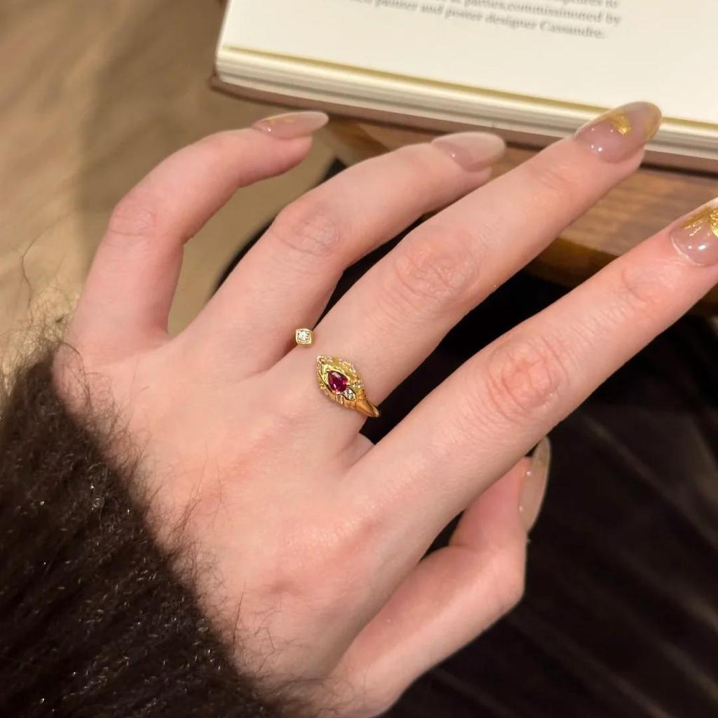 French Vintage Ruby Snake Ring: Luxurious, Adjustable Open Band for Women