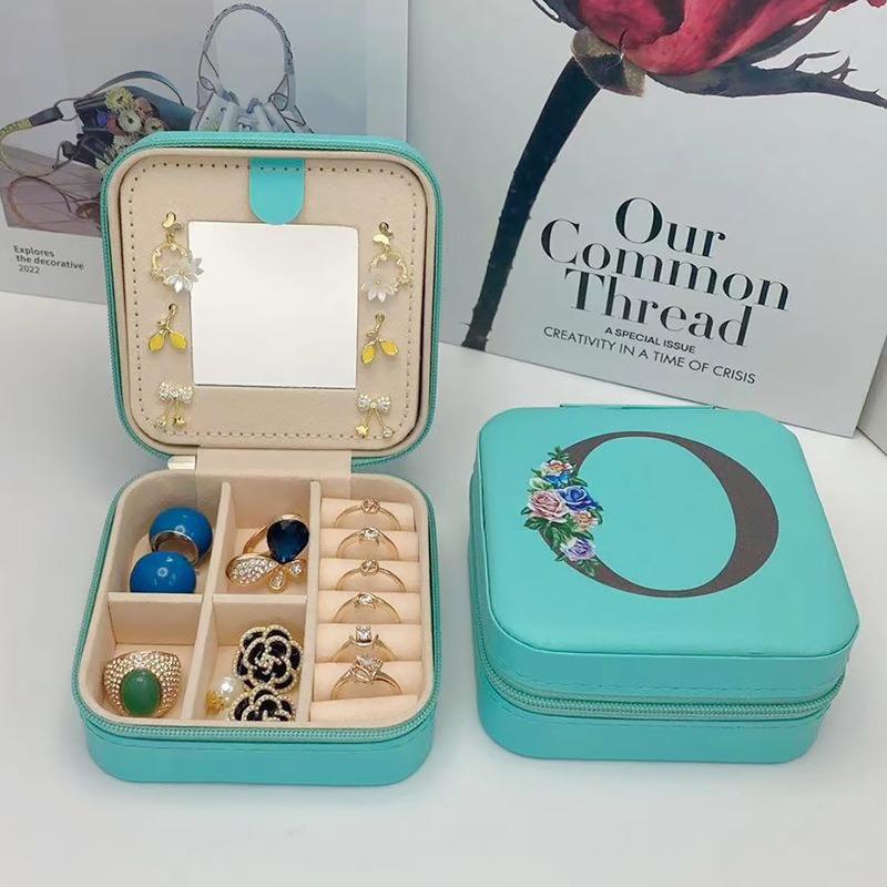 PU Leather Jewelry Box Mirror Storage Box 26 Letter Printed Portable Jewelry Organizer Earring Ring Necklace Case