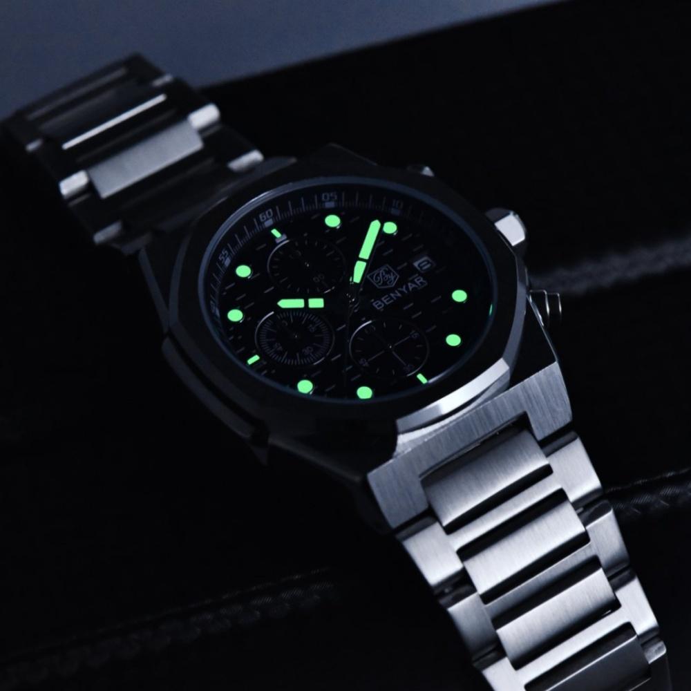 Benyar Multifunctional Men's Quartz Watch Stainless Steel Strap Alloy Case Chronometer 30M Waterproof Luminous Wristwatch