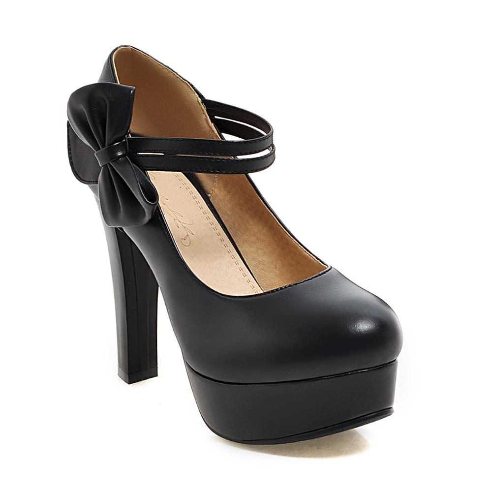 Fashion Spring High Heels Women Platform Pumps Ankle Strap Shallow Mouth Single Shoes Bow Ladies High Heels White Wedding Women Shoes