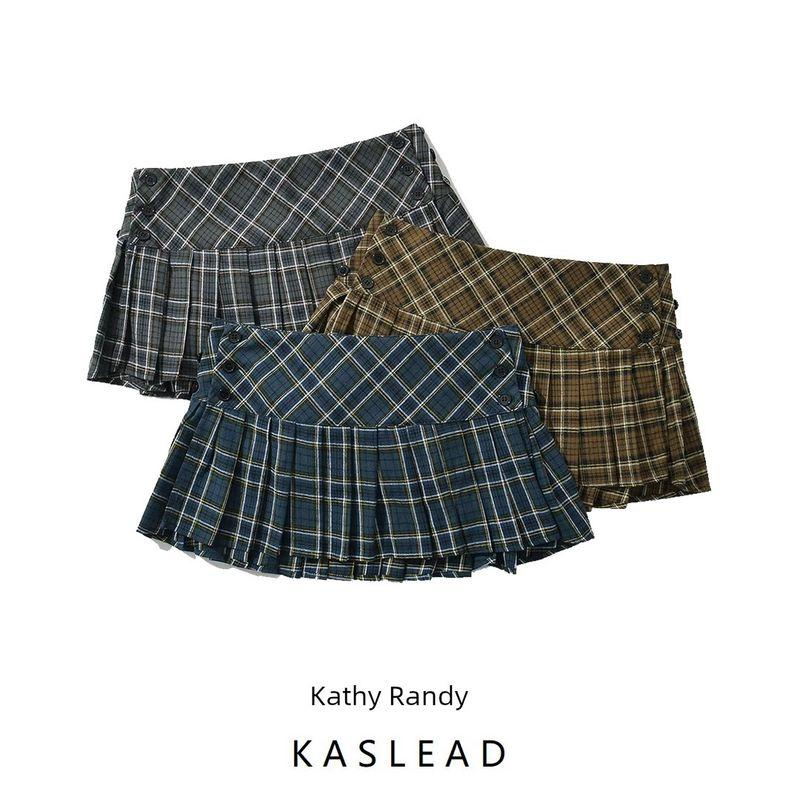 Kaslead New Arrival Women's Clothing Fashion Style Fashion All-Match Casual Gingham Adjustable Pleated Skirt
