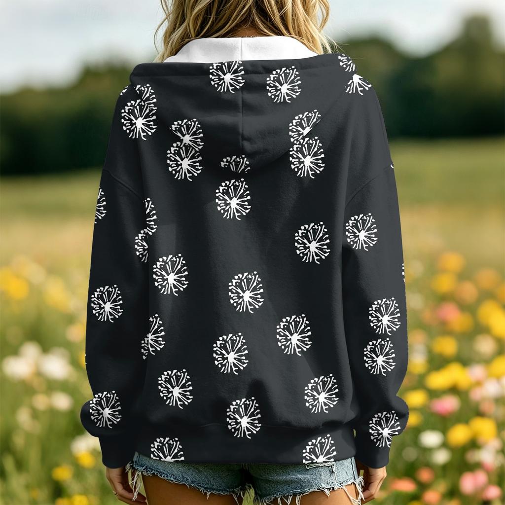 Women's Floral Print Long Sleeve Hooded Jacket with and Pockets Casual Fashion