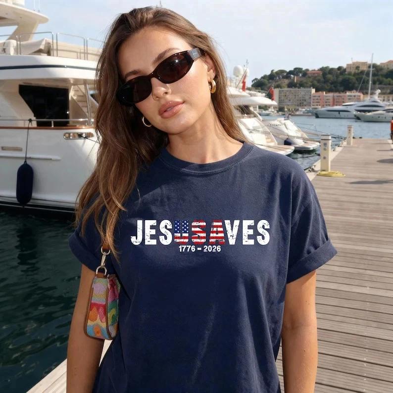 Jesus Saves Patriotic Shirt Christian Faith USA Flag Worship Tee XL