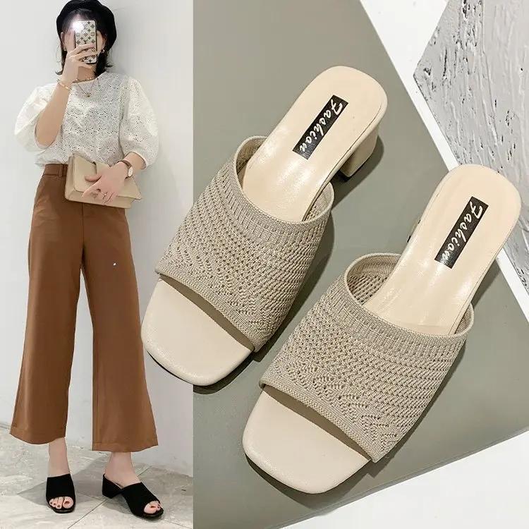 Medium heel cool slippers 2025 summer new Korean version fly-woven outer wear one-word women's cool slippers