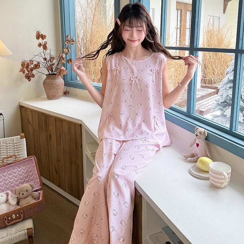 Women s Summer Cotton-Silk Sleeveless Pajama Set with Cartoon Print - Sweet and Plus Size One Size