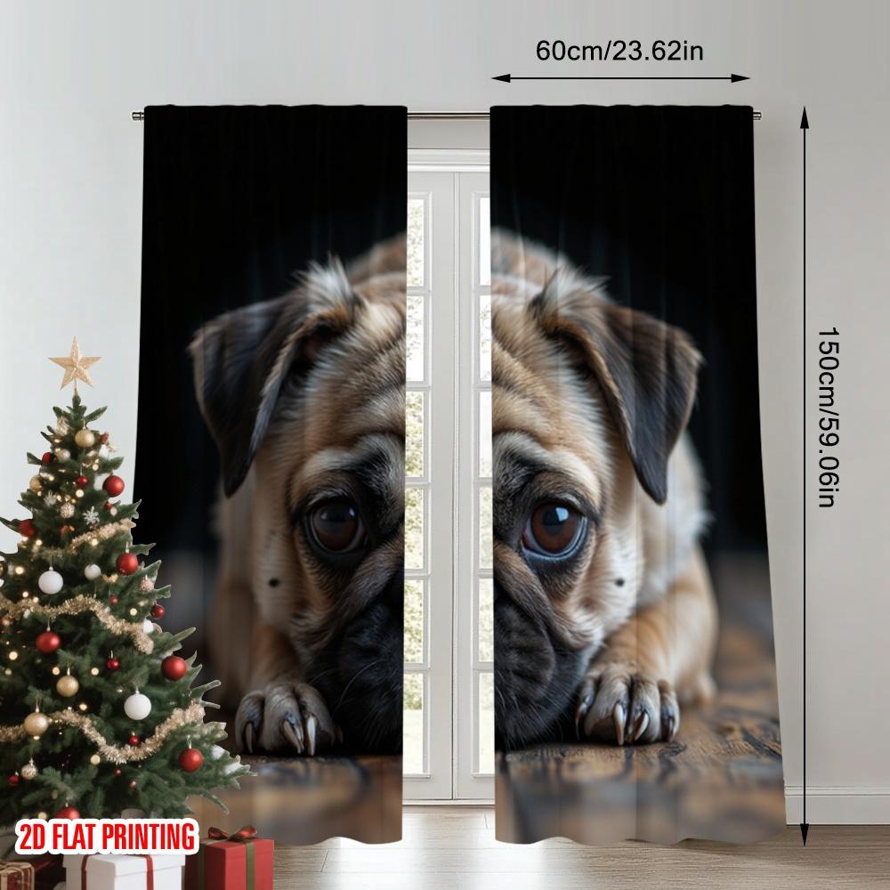 Flat Printing Window Treatment Curtains Cute Pug Puppy Portrait Digital Printed Polyester Drapes Family Party Decoration Curtain Set Of 2 Made
