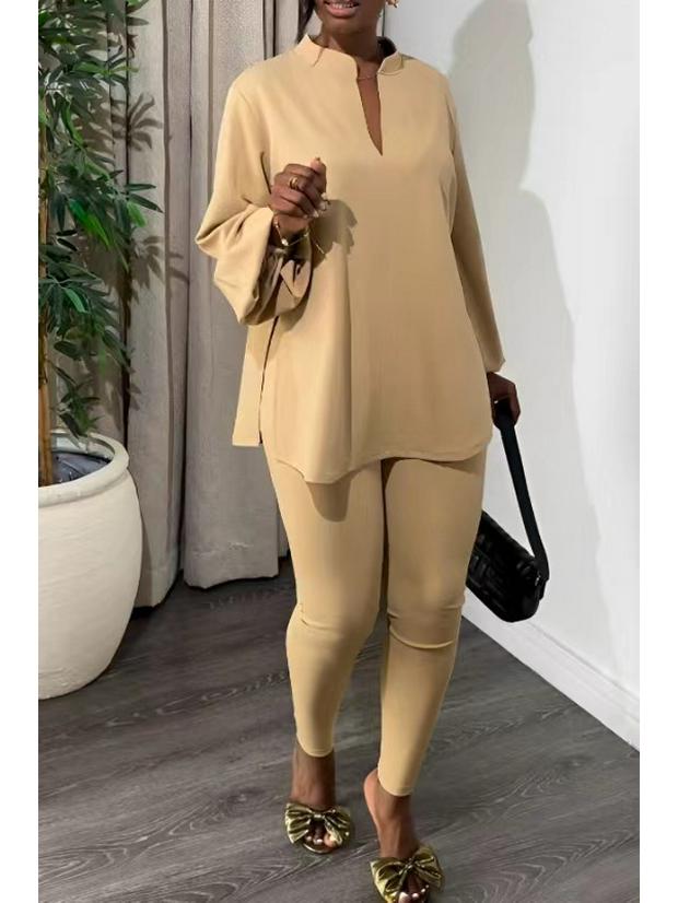 Elegant Two-Piece Set: V-Neck Split Top & Solid Color Skinny Pants