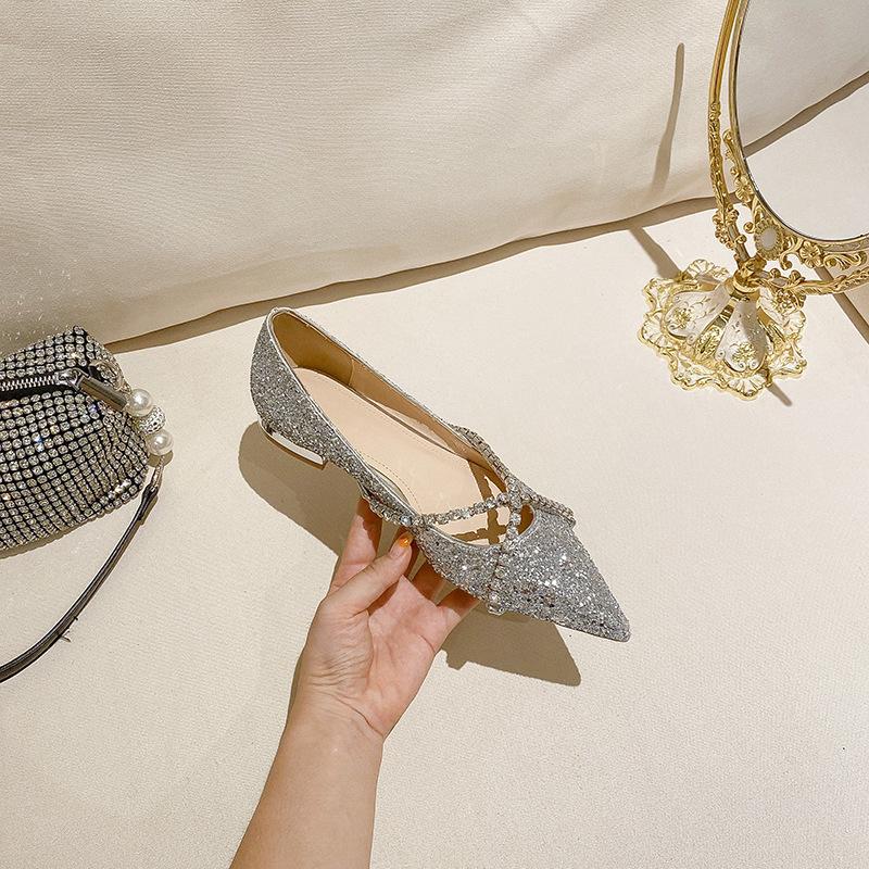 

PD02 wedding shoes flat shoes crystal cross fashion pointed sequins JC women s shoes single shoes 43 серебряный
