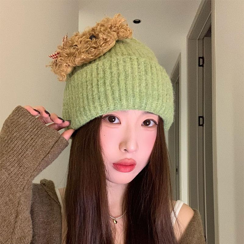 Korean Autumn and Winter Knitted Hat Cute Teddy Puppy Woolen Hat for Women  Versatile Warm and Face Friendly Small Ear Protection Hat  Pullover Hat