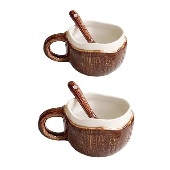 Durable Ceramic Oatmeal Bowl Vintage Coconut Shell Mug, Handmade Irregular Coffee Cup with Spoon, Heat Resistant Hot Drink Mug Rustic Texture