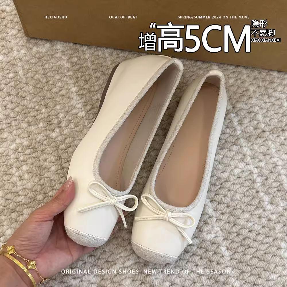 Small Inner Height Increase Square Head Red Flat Single Shoes Women's Summer New Bow Ballet Style Retro Doudou Shoes