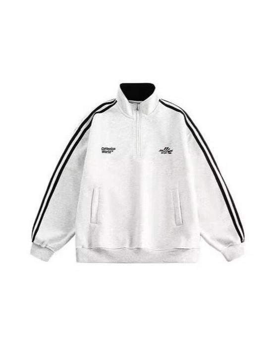 Unisex Fleece-Lined Stand Collar Half-Zip Hoodie: Thick, Embroidered, Trendy, Loose-Fit, Autumn/Winter, Heavy-Weight Jacket.