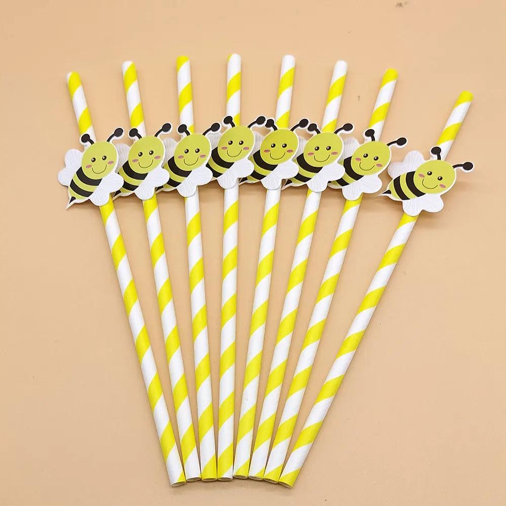 100Pcs Sweet Bee Theme Disposable Paper Straws Bar Drinking Straw Tableware for Kids Birthday Baby Shower Party Decorations