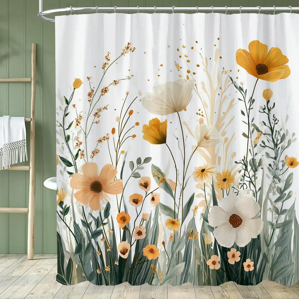 1PC Blue Flowers and Butterflies Shower Curtain,  Floral and Leaf Bathroom Decorative Curtain,Polyester Home Curtain with Hooks