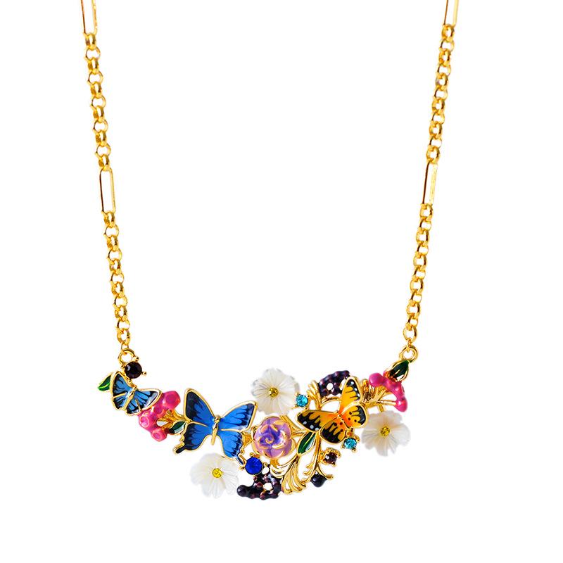 Hand-Painted Enamel Necklace with Romantic Butterfly and Floral Design for Women