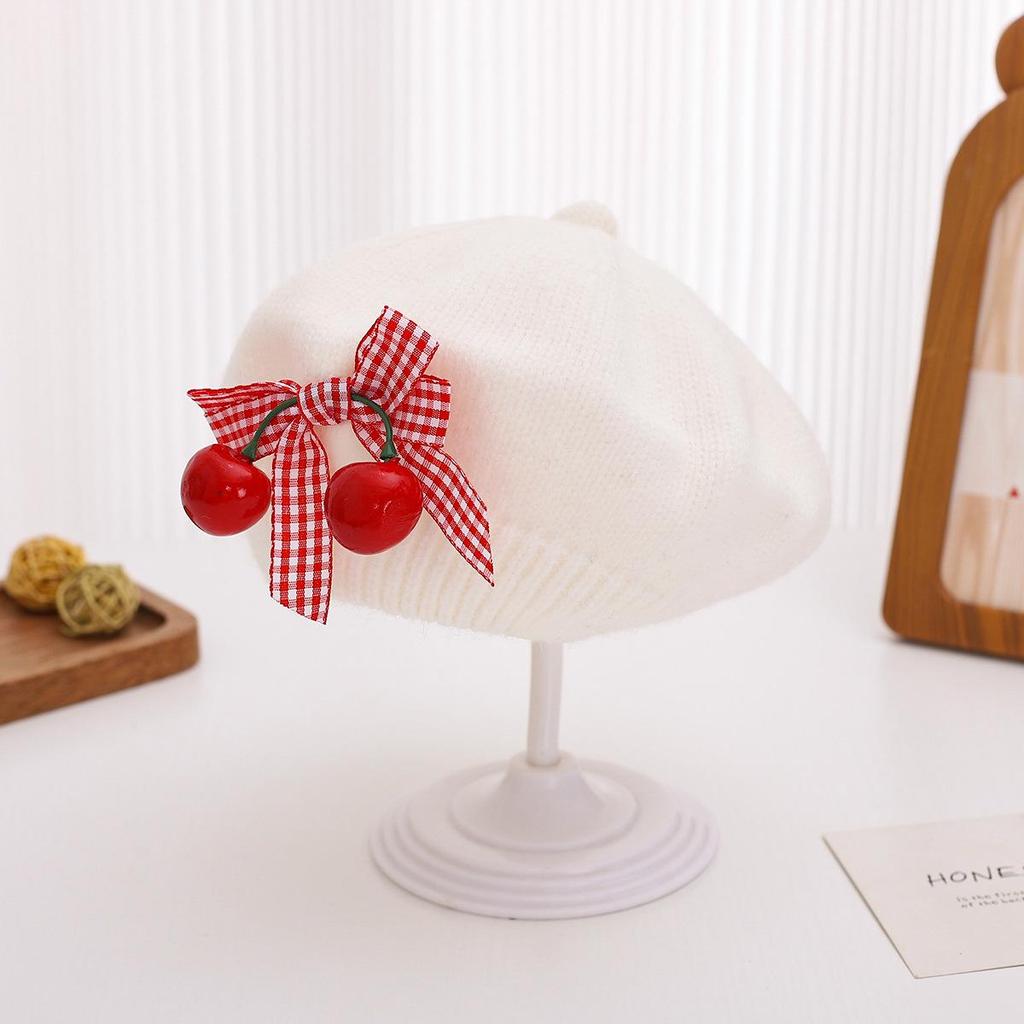 Charming Woolen Beret with Bow & Cherry for Kids - Autumn & Winter Solid Color Hat