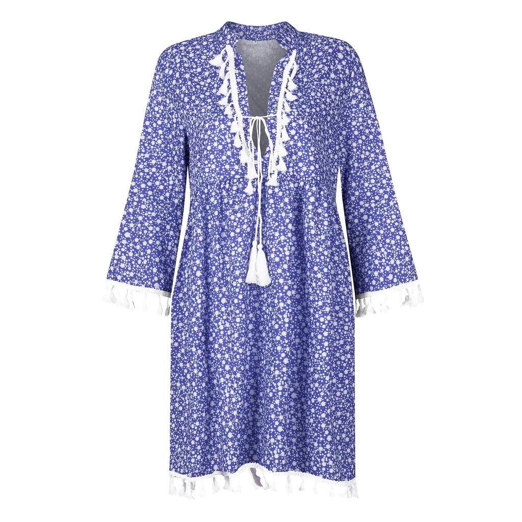 Women Three-quarter Sleeve Boho Floral Printed Dress Tassel V-neck  Dress