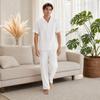 2Pcs/Set Casual Outfit for Men, Lapel Short Sleeve Shirt And Elastic Waist Loose Long Pants, Summer Ultra-Thin Ice Silk Outfit for Home And Daily Wear
