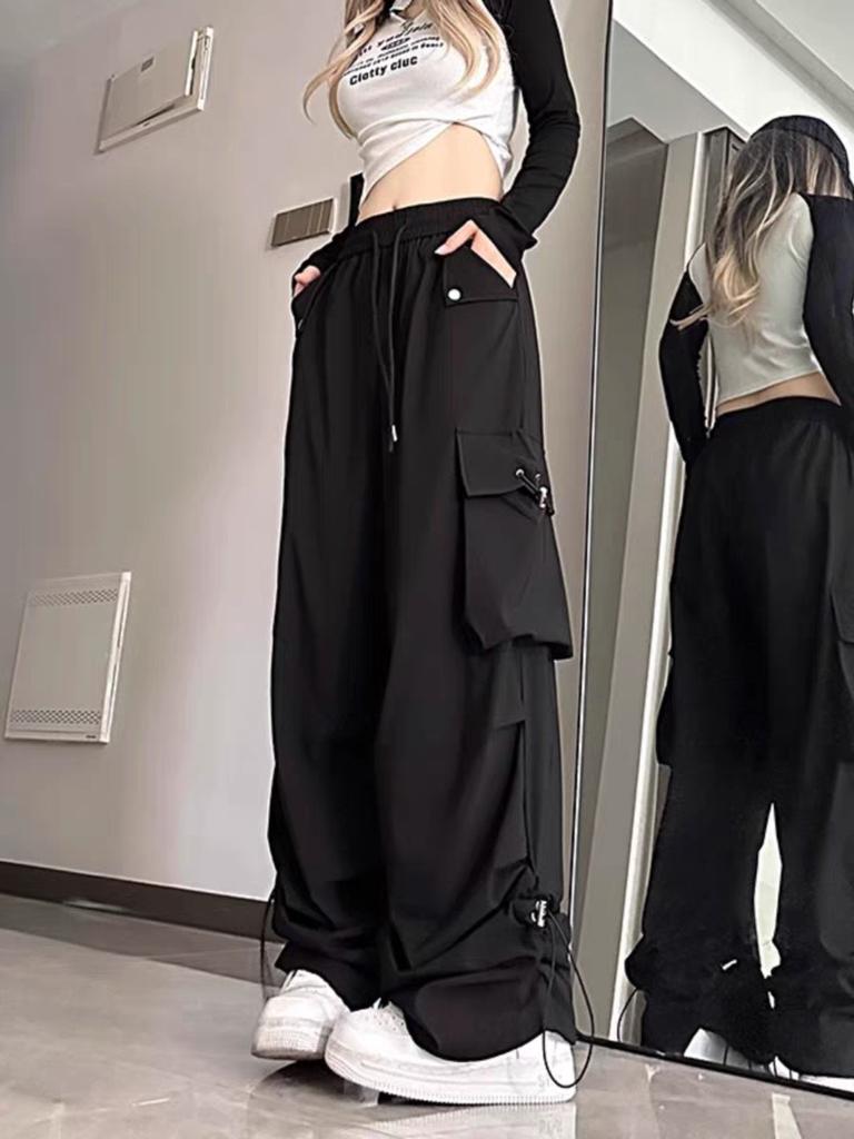 American Style Large Pocket Cargo Pants Women's Spring Summer New Style Wide Leg Pants Loose Slimming Casual Sports Pants