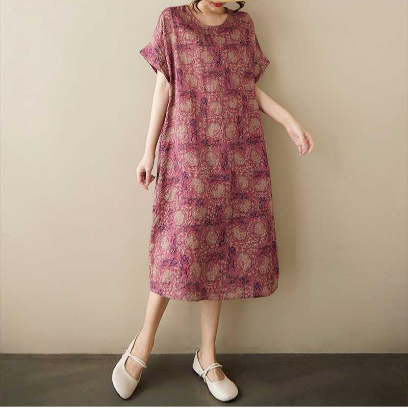 Summer Thin Cotton and Linen Retro Flower Art Over The Knee Dress Temperament Female