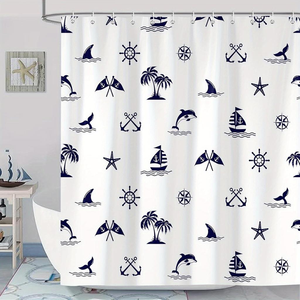 1pc Navy Blue Nautical Shower Curtain for Bathroom, Ocean Beach Sailboat Anchor Shower Curtains Decor
