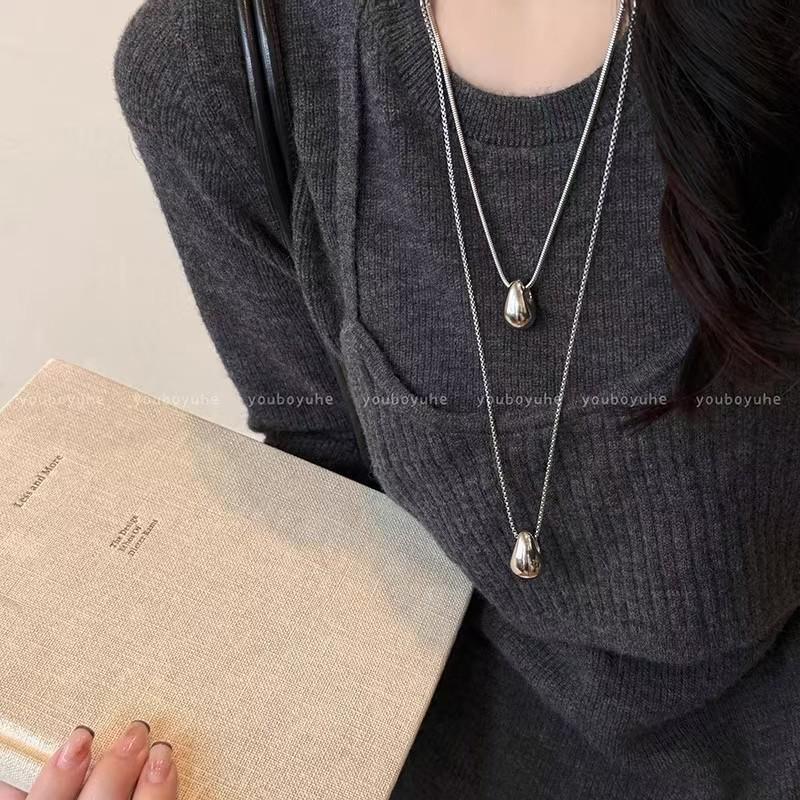 Minimalist Sterling Silver Water Drop Pendant Necklace - Versatile Long Layered Light Luxury Accessory for Women, Perfect for Autumn/Winter Sweaters.